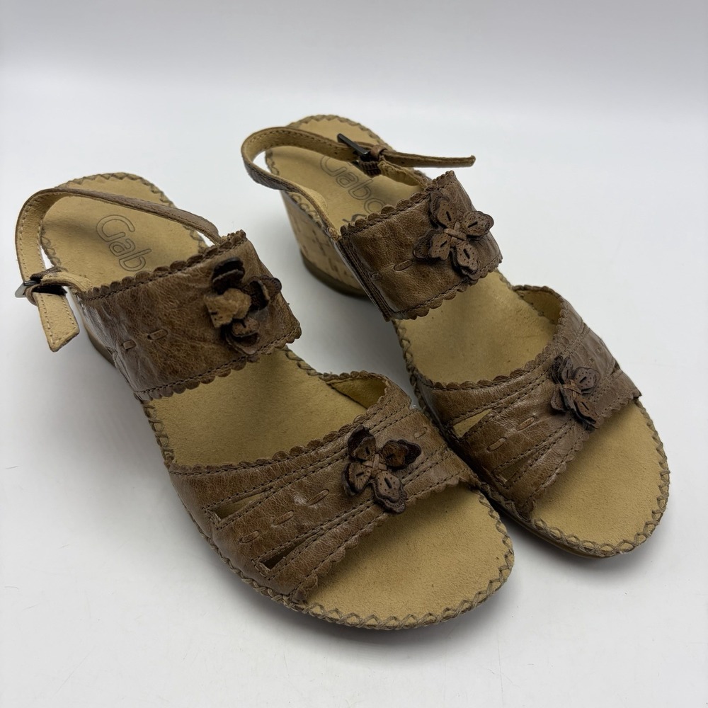 Gabor Sandals Womens 6 Taupe Strappy Cork Heels Leather Slingback